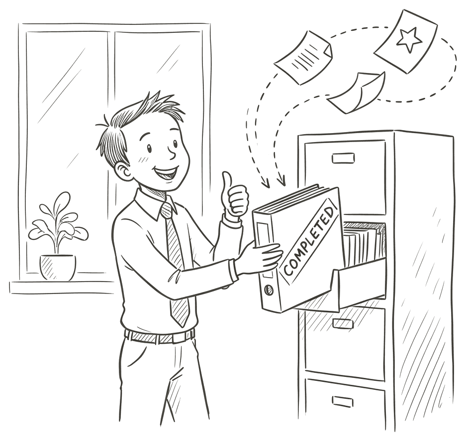 確認の済んだ書類をとじて、自分の手で書類棚へ収めている人のイラスト