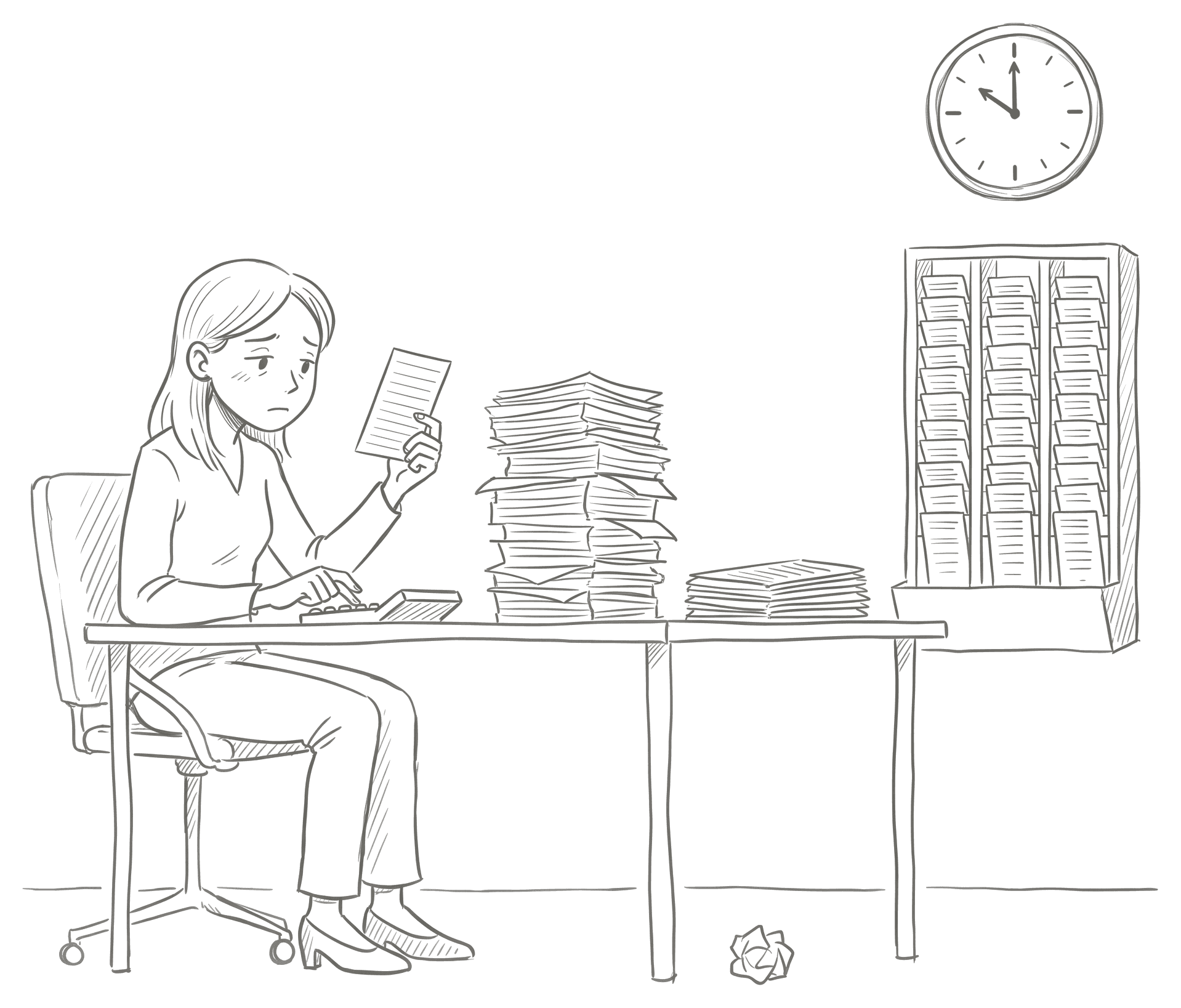 夜遅く、積み上がったタイムカードを1枚ずつ電卓で集計しているイラスト