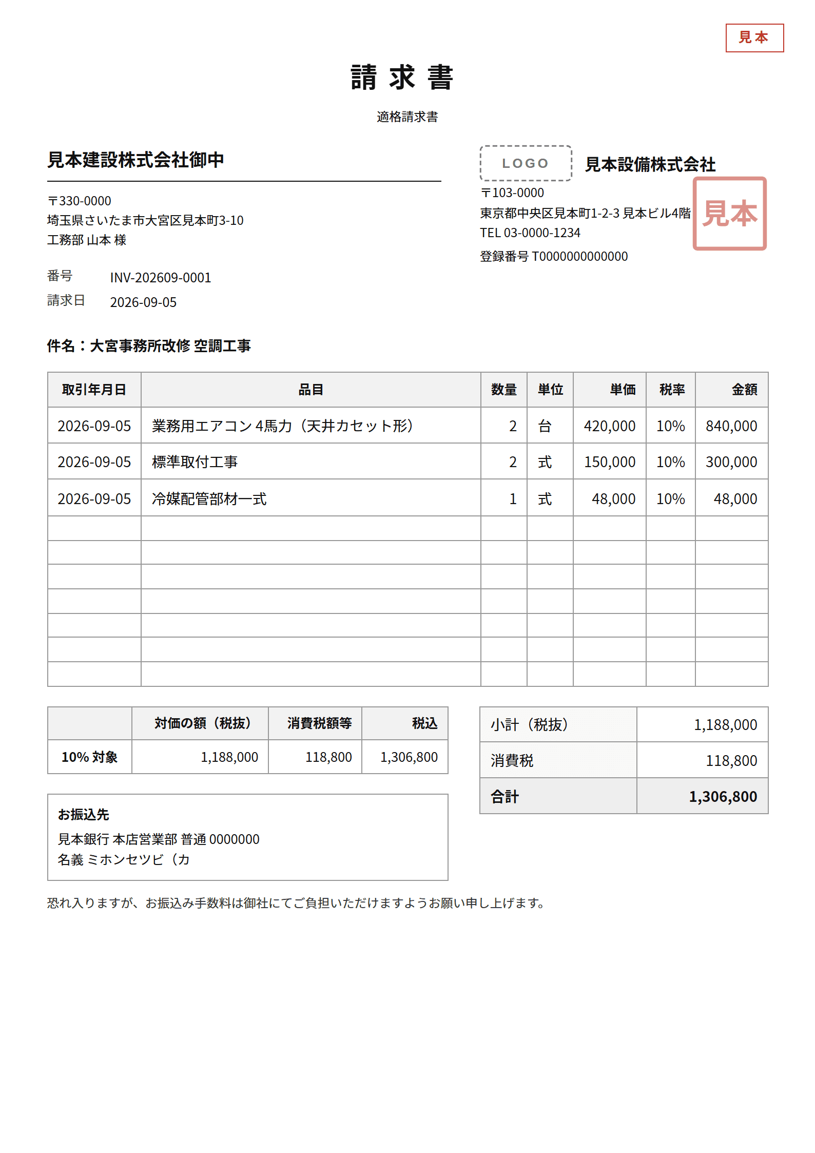 請求書の見本。見本設備株式会社から見本建設株式会社あてで、明細3行と合計1,306,800円