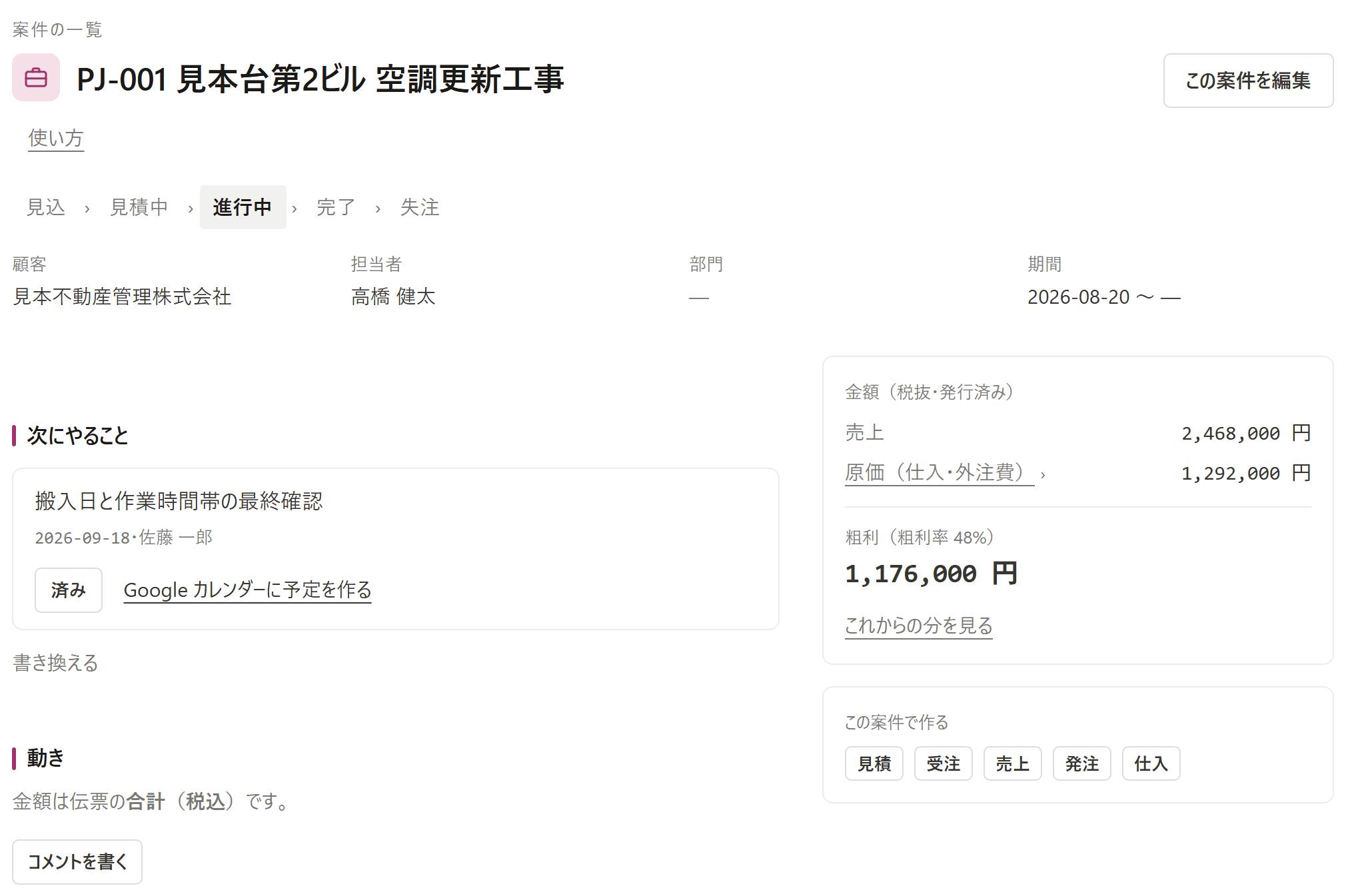 案件の画面。進捗、顧客と担当者、次にやること、売上・原価・粗利の金額、この案件で見積・受注・売上・発注・仕入を作るボタンが並んでいる